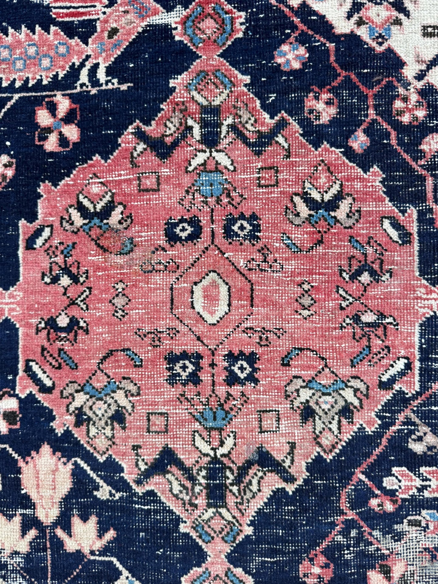 Vintage 4x5 ft – Distressed Wool Rug with Birds, Tribal Medallion, Navy Red Handmade Area Rug 1960s