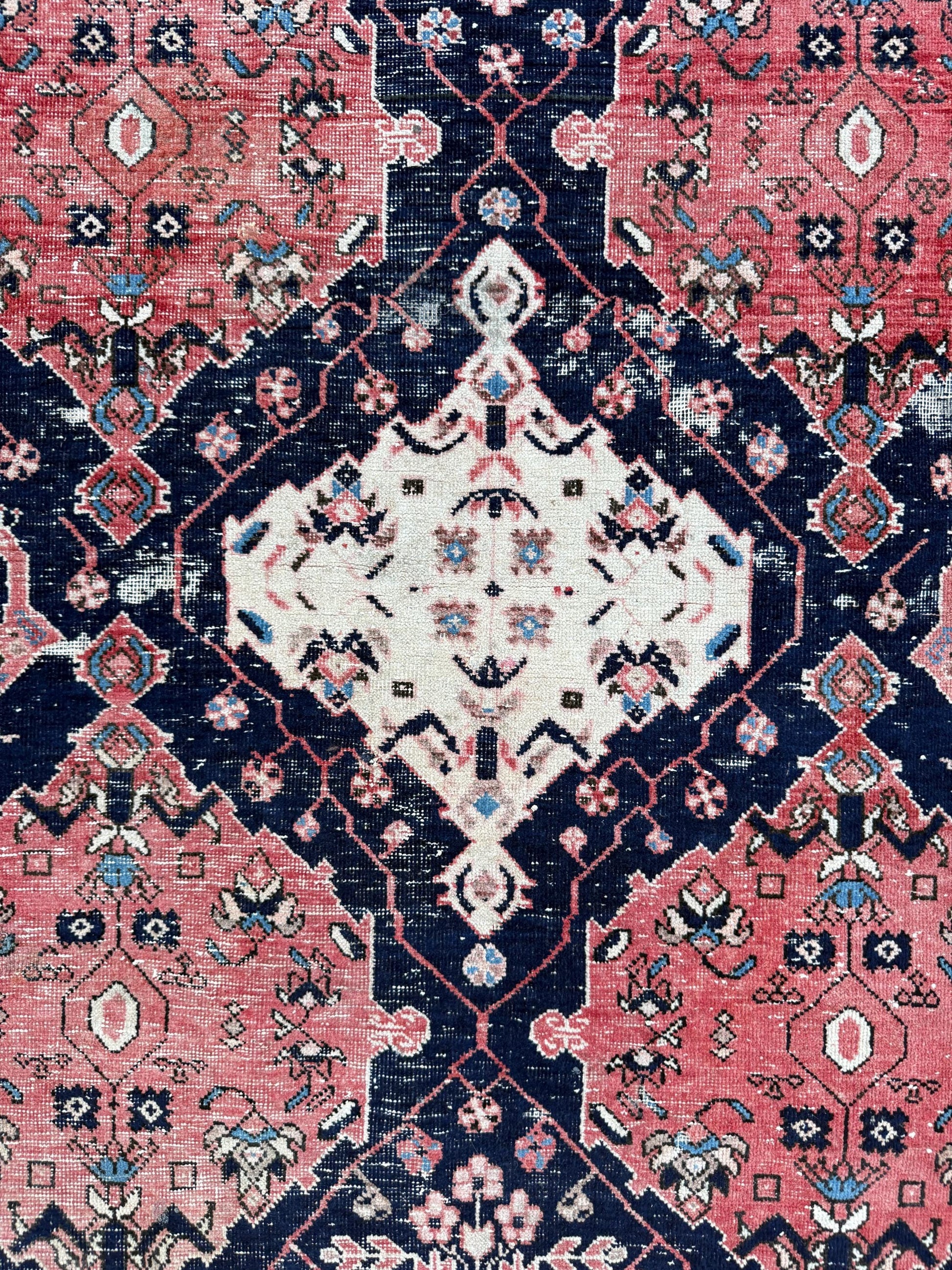 Vintage 4x5 ft – Distressed Wool Rug with Birds, Tribal Medallion, Navy Red Handmade Area Rug 1960s
