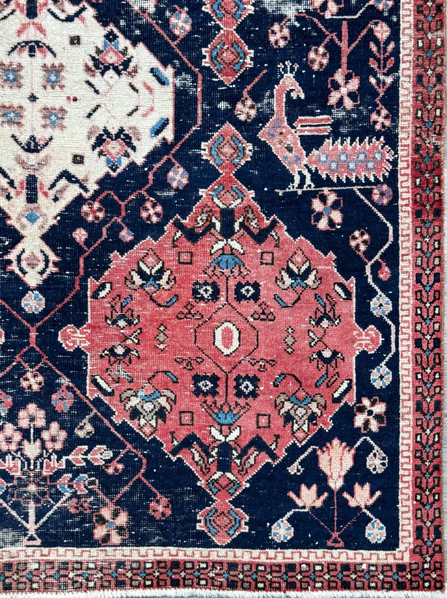 Vintage 4x5 ft – Distressed Wool Rug with Birds, Tribal Medallion, Navy Red Handmade Area Rug 1960s