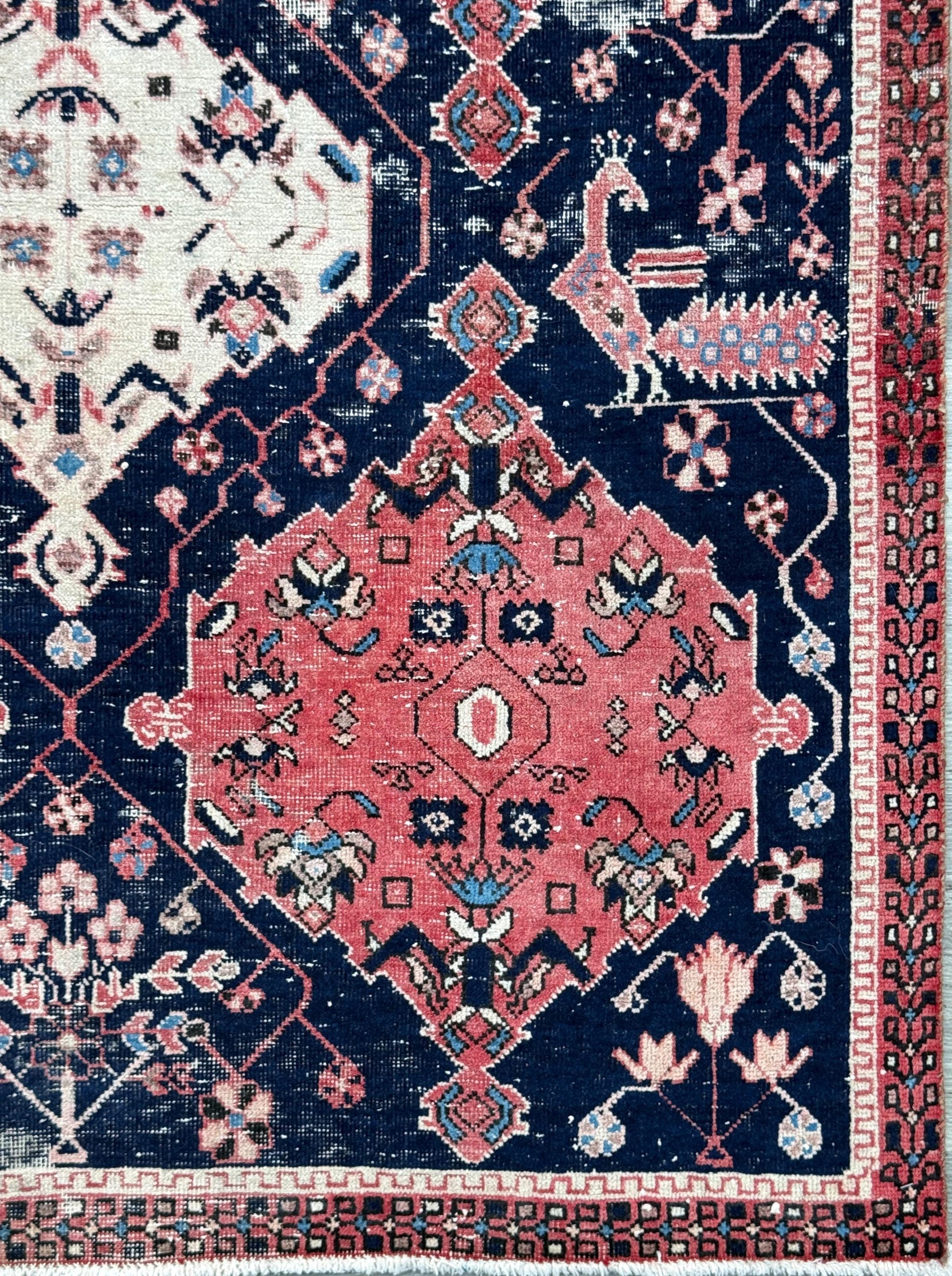 Vintage 4x5 ft – Distressed Wool Rug with Birds, Tribal Medallion, Navy Red Handmade Area Rug 1960s
