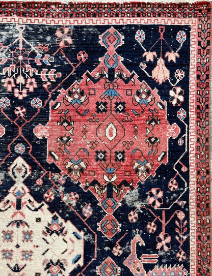 Vintage 4x5 ft – Distressed Wool Rug with Birds, Tribal Medallion, Navy Red Handmade Area Rug 1960s