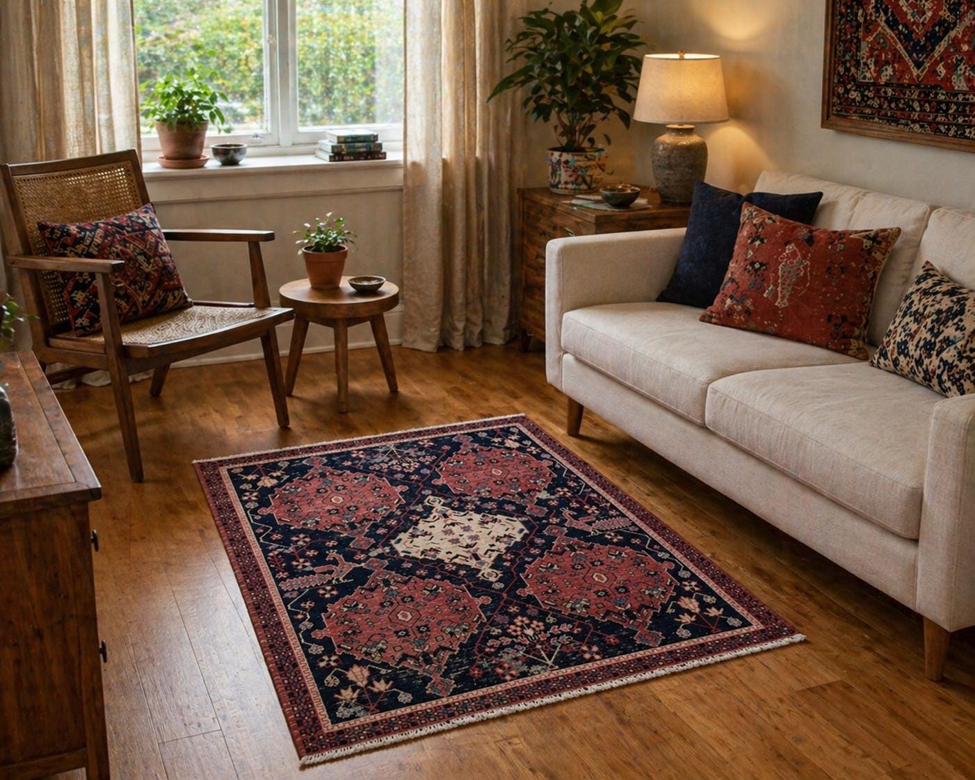 Vintage 4x5 ft – Distressed Wool Rug with Birds, Tribal Medallion, Navy Red Handmade Area Rug 1960s