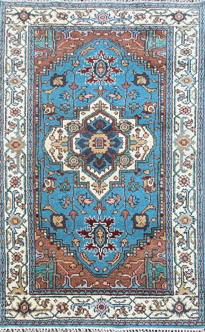 Blue Heriz Style 4x6 Rug, Hand Knotted Wool Turkish Medallion Carpet