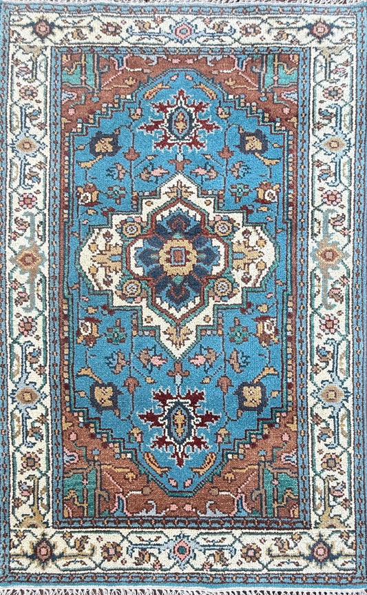 Blue Heriz Style 4x6 Rug, Hand Knotted Wool Turkish Medallion Carpet