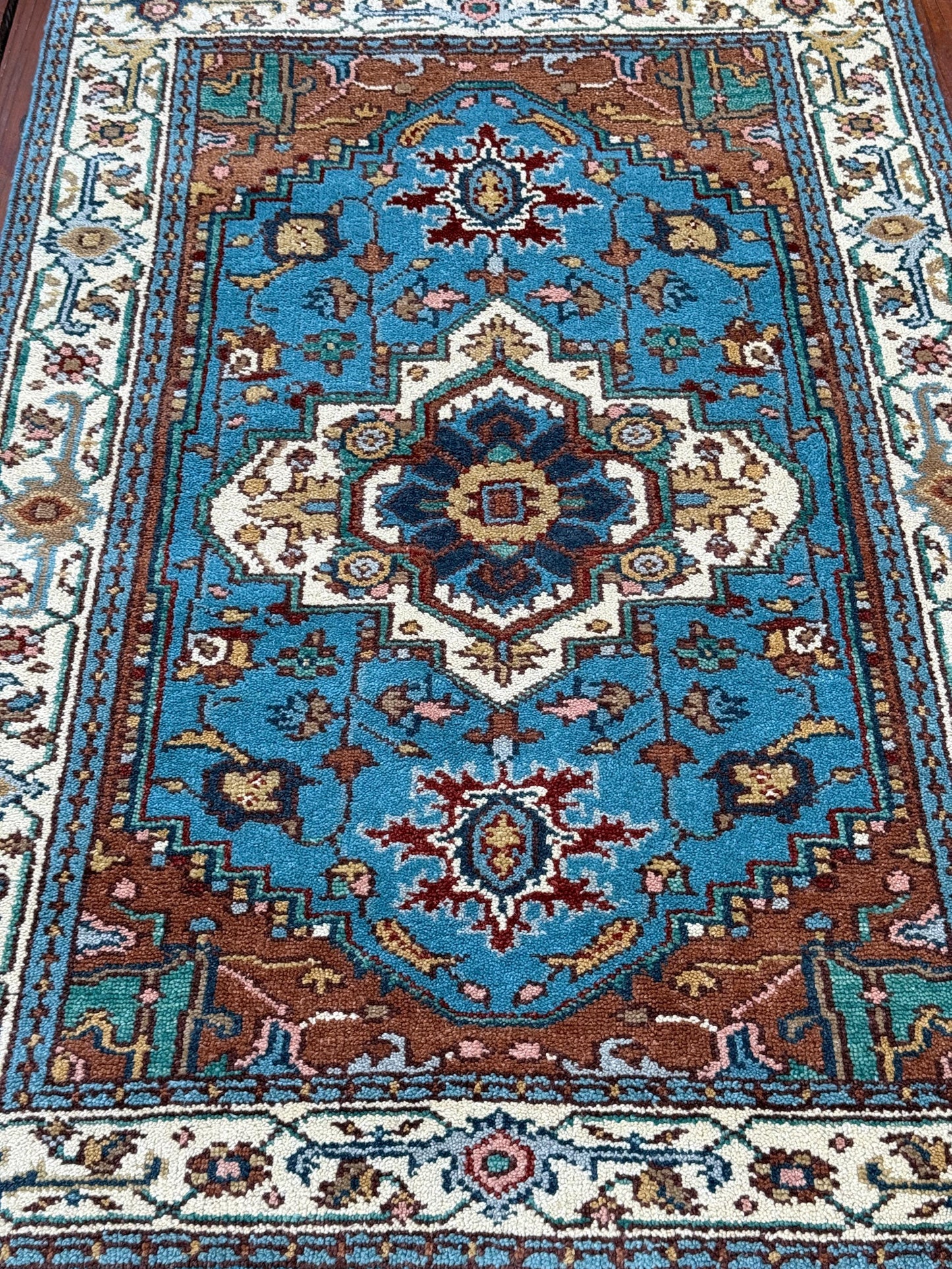 Blue Heriz Style 4x6 Rug, Hand Knotted Wool Turkish Medallion Carpet
