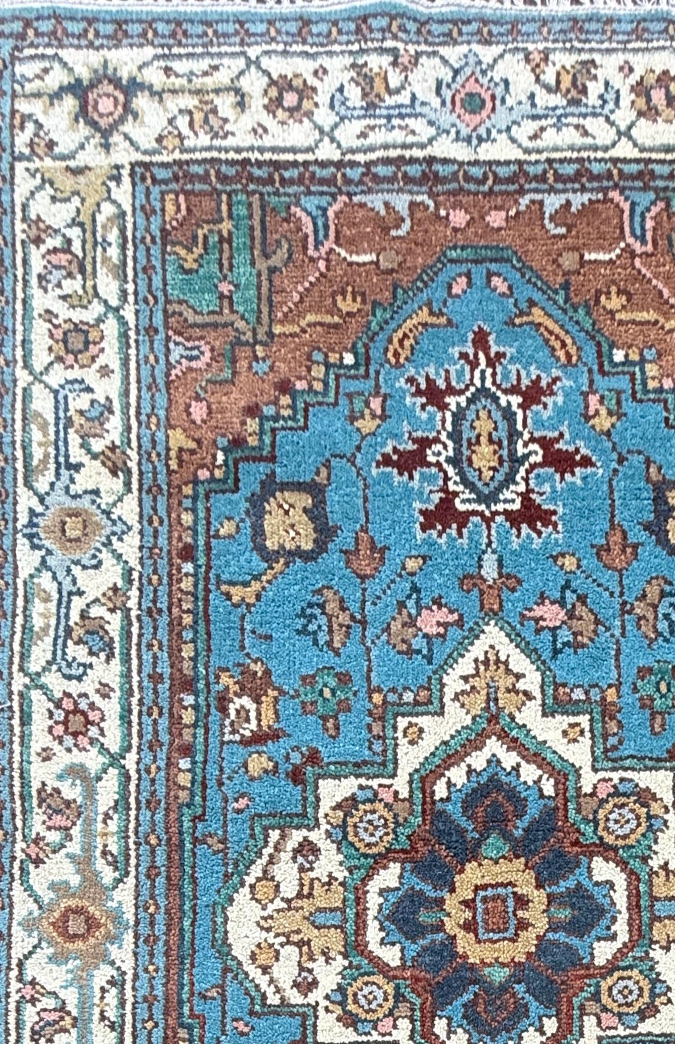Blue Heriz Style 4x6 Rug, Hand Knotted Wool Turkish Medallion Carpet