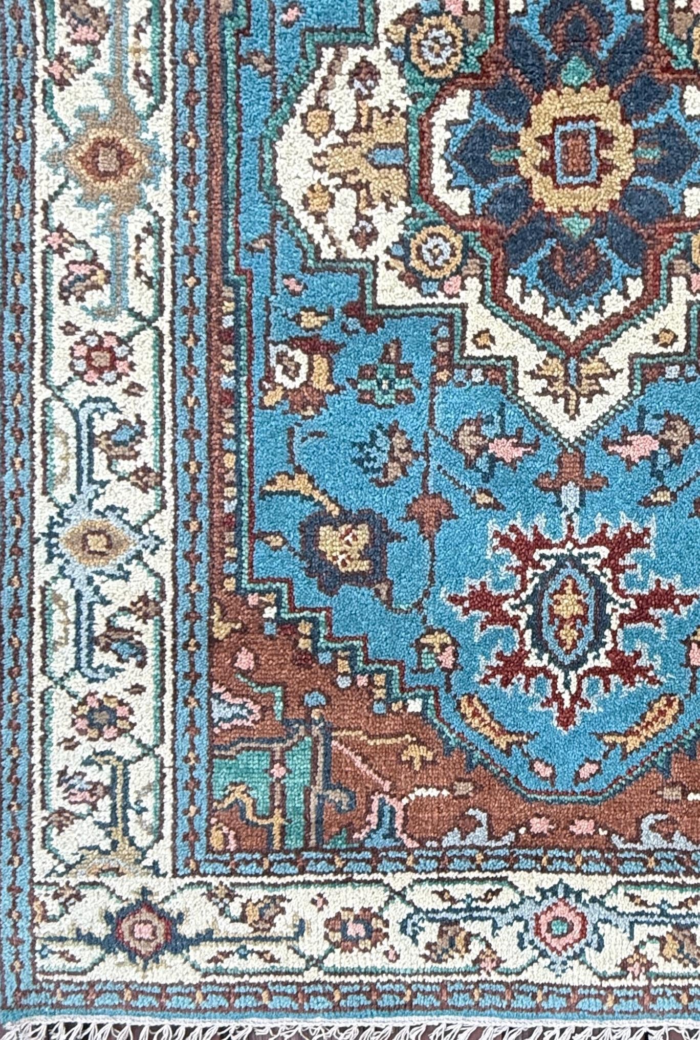 Blue Heriz Style 4x6 Rug, Hand Knotted Wool Turkish Medallion Carpet