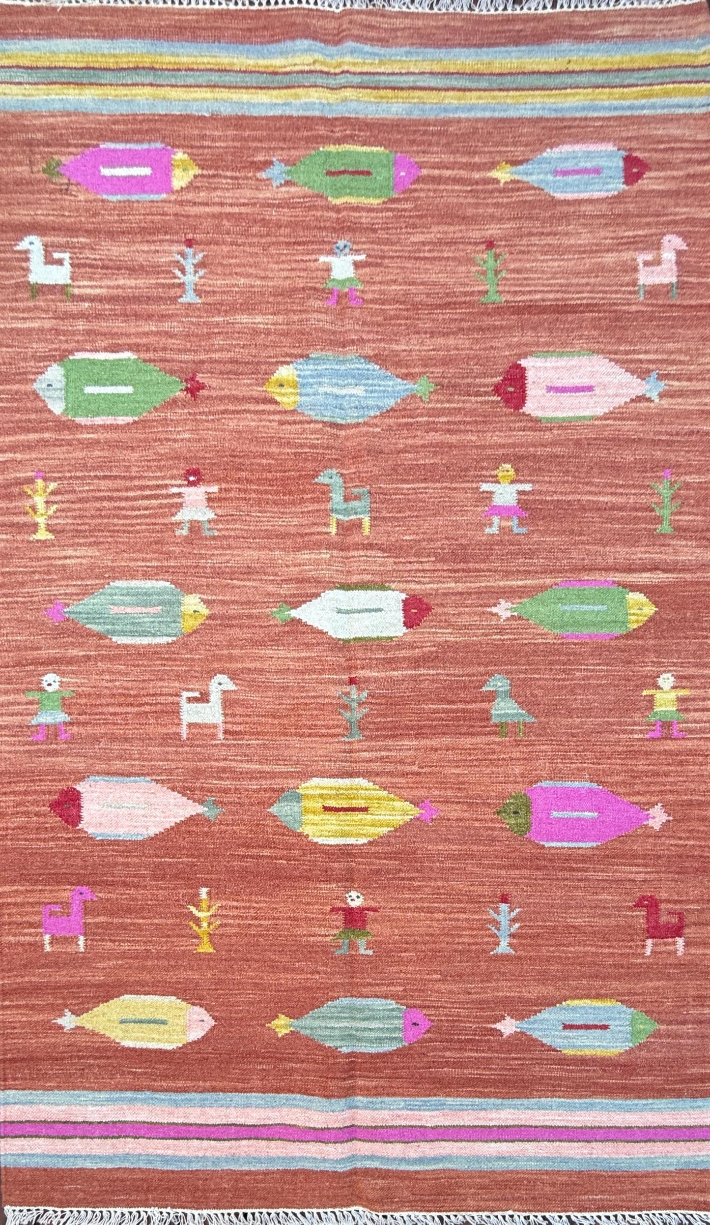 Modern Anatolian Kilim 5x8, Geometric Fish Design, Flatweave Wool Tribal, Boho Interior Accent