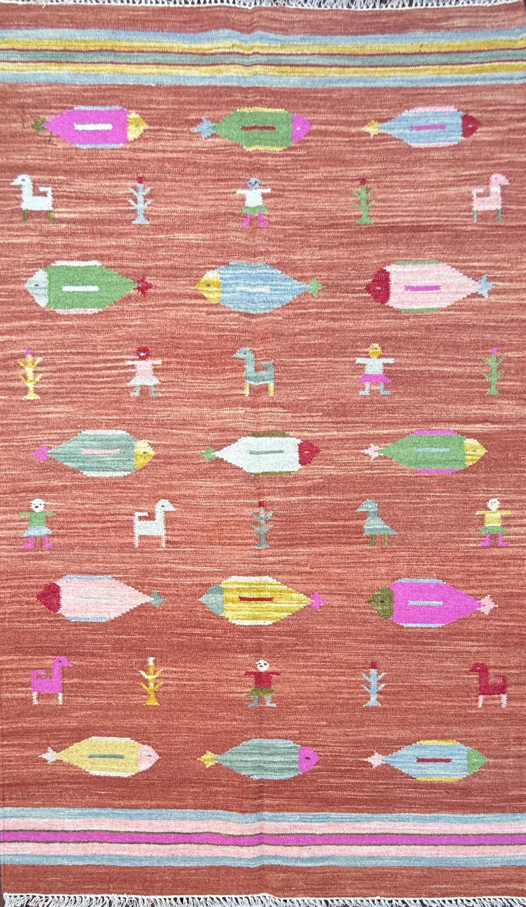 Modern Anatolian Kilim 5x8, Geometric Fish Design, Flatweave Wool Tribal, Boho Interior Accent