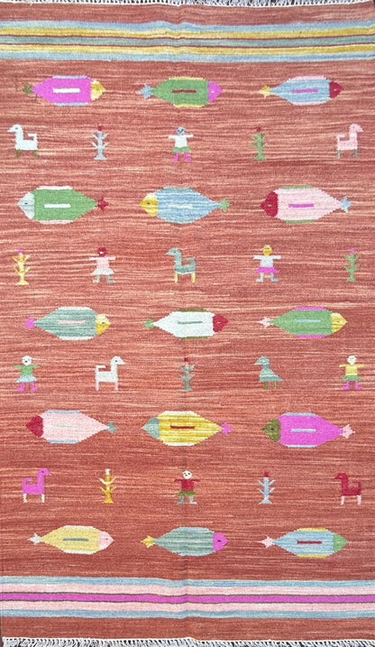 Modern Anatolian Kilim 5x8, Geometric Fish Design, Flatweave Wool Tribal, Boho Interior Accent
