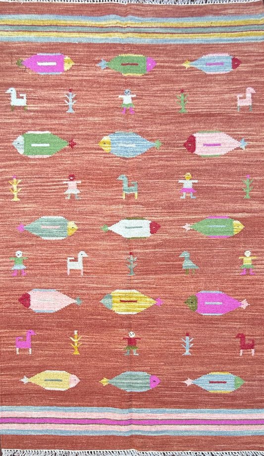 Modern Anatolian Kilim 5x8, Geometric Fish Design, Flatweave Wool Tribal, Boho Interior Accent