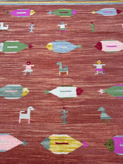 Modern Anatolian Kilim 5x8, Geometric Fish Design, Flatweave Wool Tribal, Boho Interior Accent