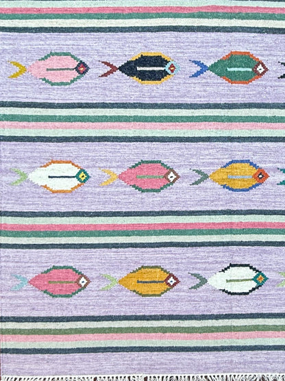 Modern Anatolian Kilim 6x9, Flatweave Wool Fish Design, Handmade Geometric Boho Area Rug
