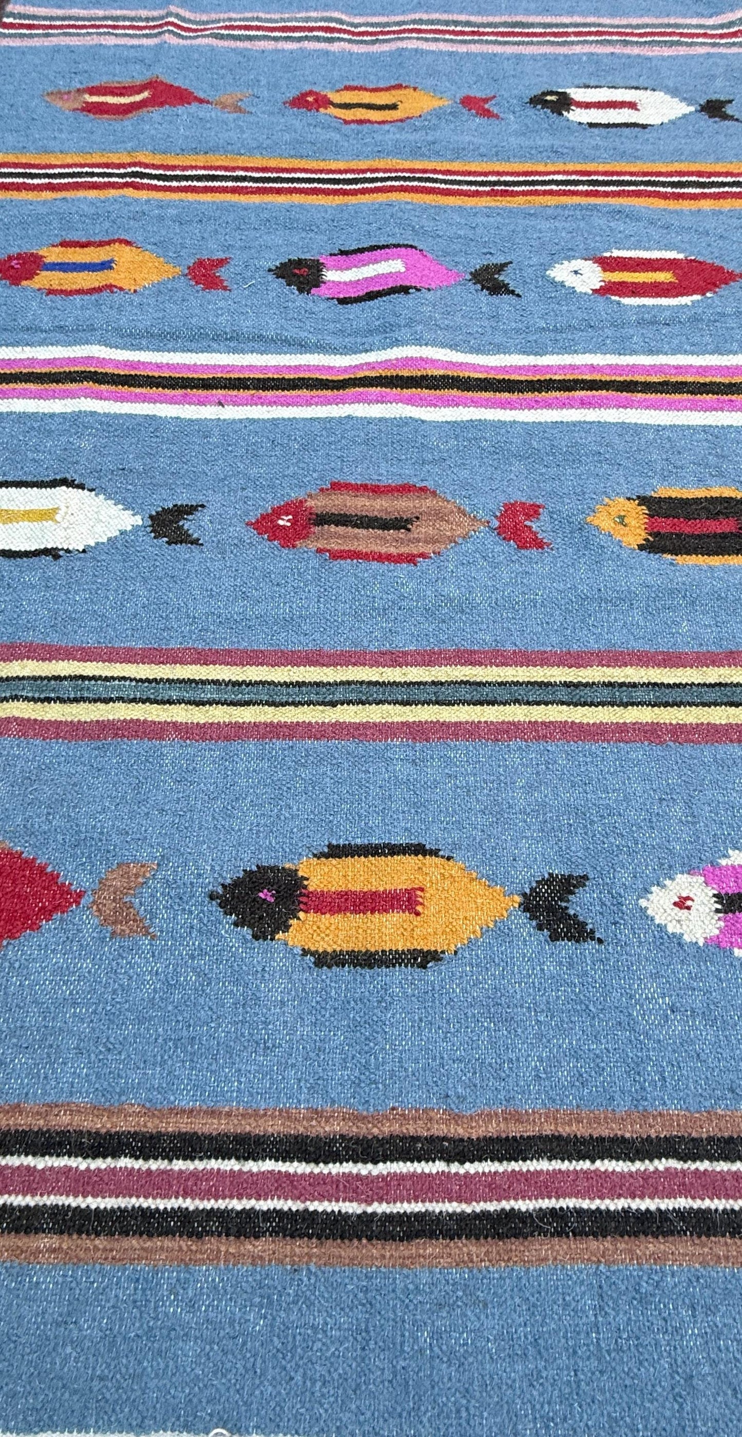 Turkish Kilim 4x6, Tree of Life Fish Design, Handmade Wool Bohemian Flatweave Accent Rug
