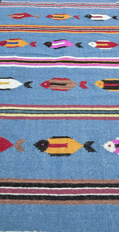 Turkish Kilim 4x6, Tree of Life Fish Design, Handmade Wool Bohemian Flatweave Accent Rug