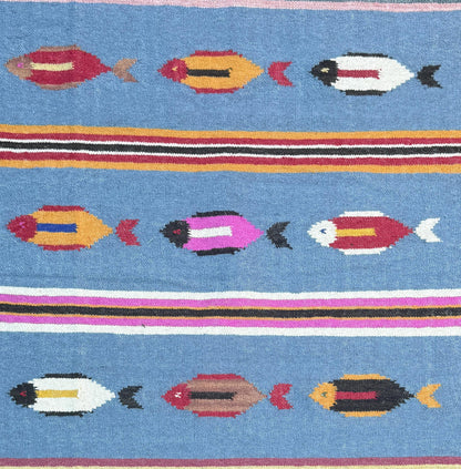 Turkish Kilim 4x6, Tree of Life Fish Design, Handmade Wool Bohemian Flatweave Accent Rug