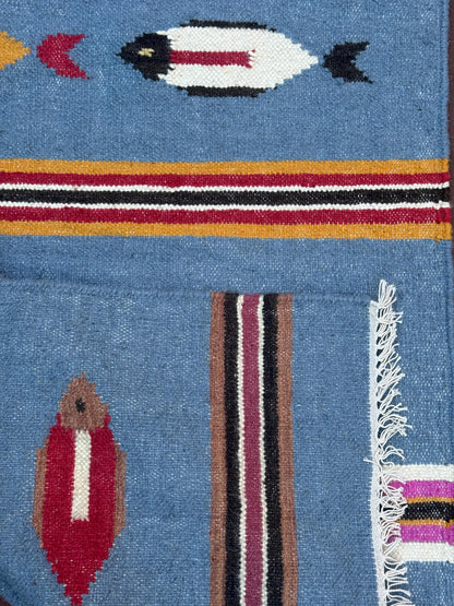 Turkish Kilim 4x6, Tree of Life Fish Design, Handmade Wool Bohemian Flatweave Accent Rug