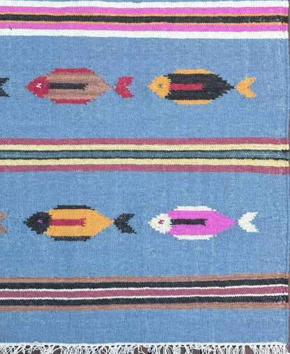 Turkish Kilim 4x6, Tree of Life Fish Design, Handmade Wool Bohemian Flatweave Accent Rug