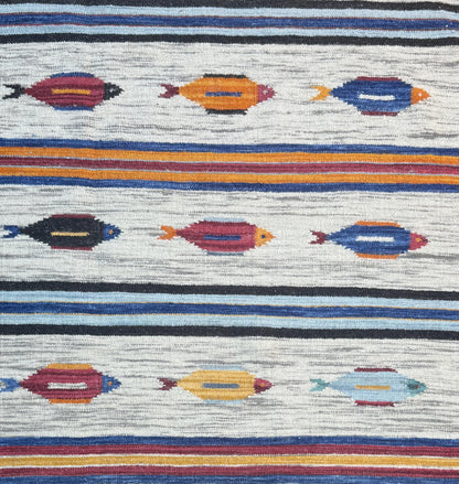 Turkish Kilim 4x6, Fish Design Wool Bohemian Accent Rug, Handmade Anatolian Geometric Flatweave