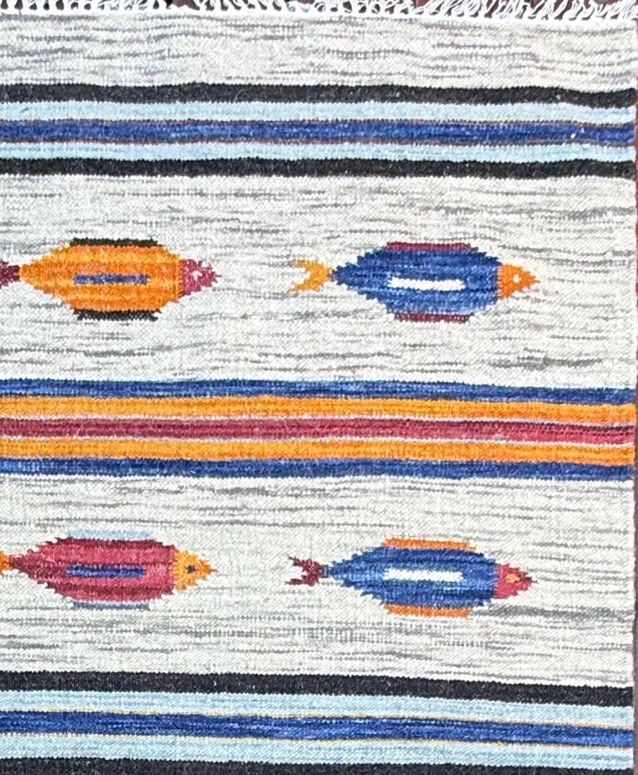 Turkish Kilim 4x6, Fish Design Wool Bohemian Accent Rug, Handmade Anatolian Geometric Flatweave