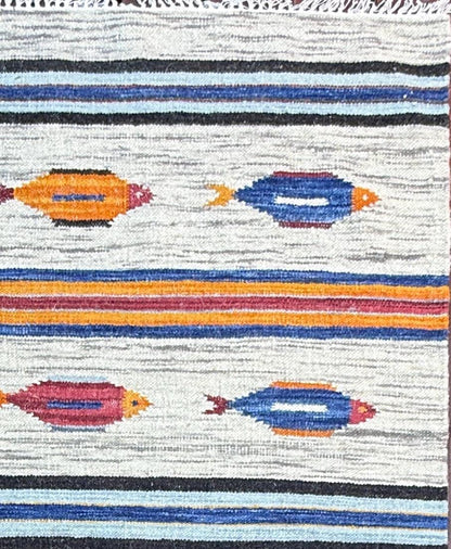 Turkish Kilim 4x6, Fish Design Wool Bohemian Accent Rug, Handmade Anatolian Geometric Flatweave