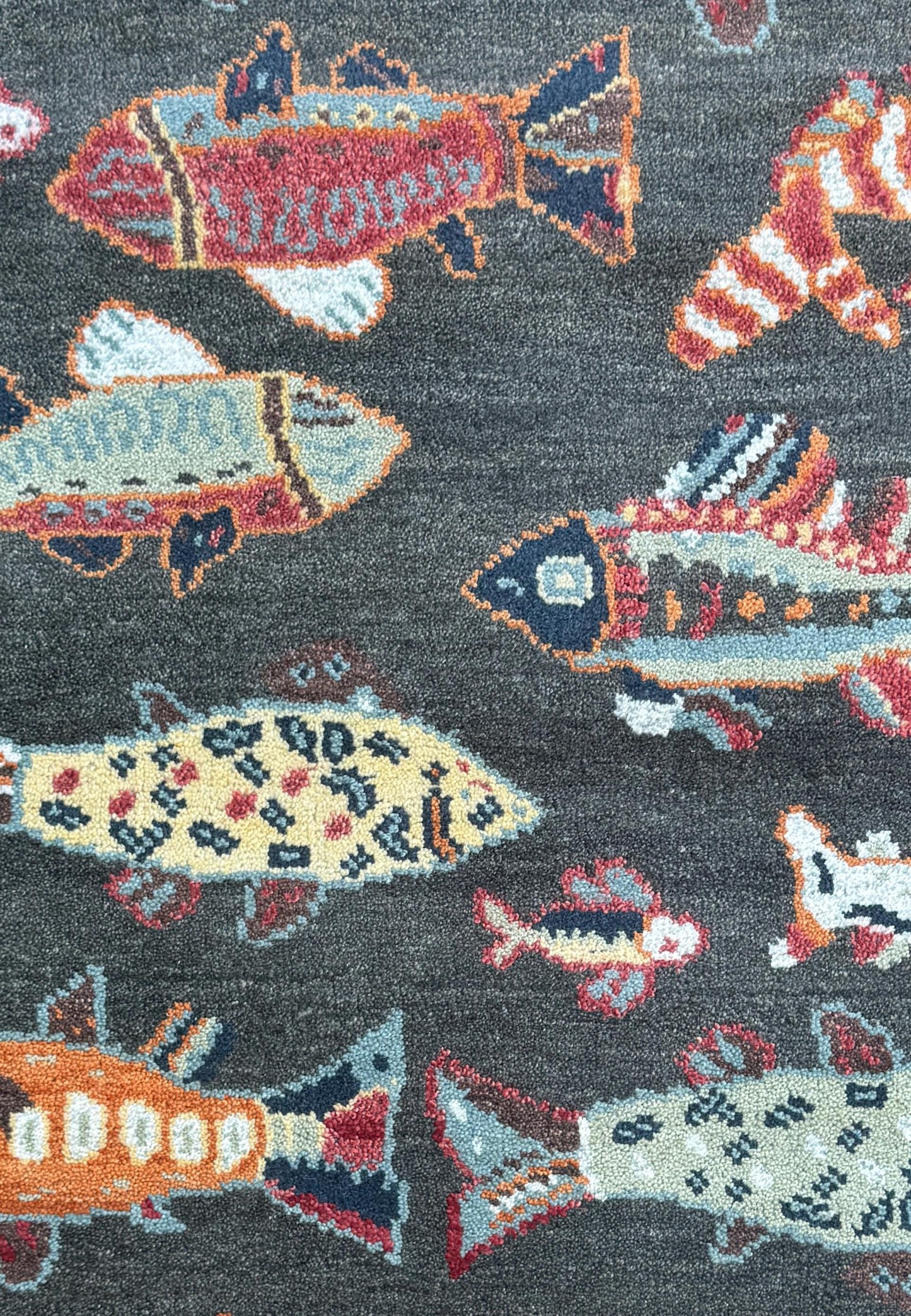 Modern Turkish Fish Design Rug 3x5.1, Hand Knotted Wool Sea Animal Pattern, Bohemian Accent