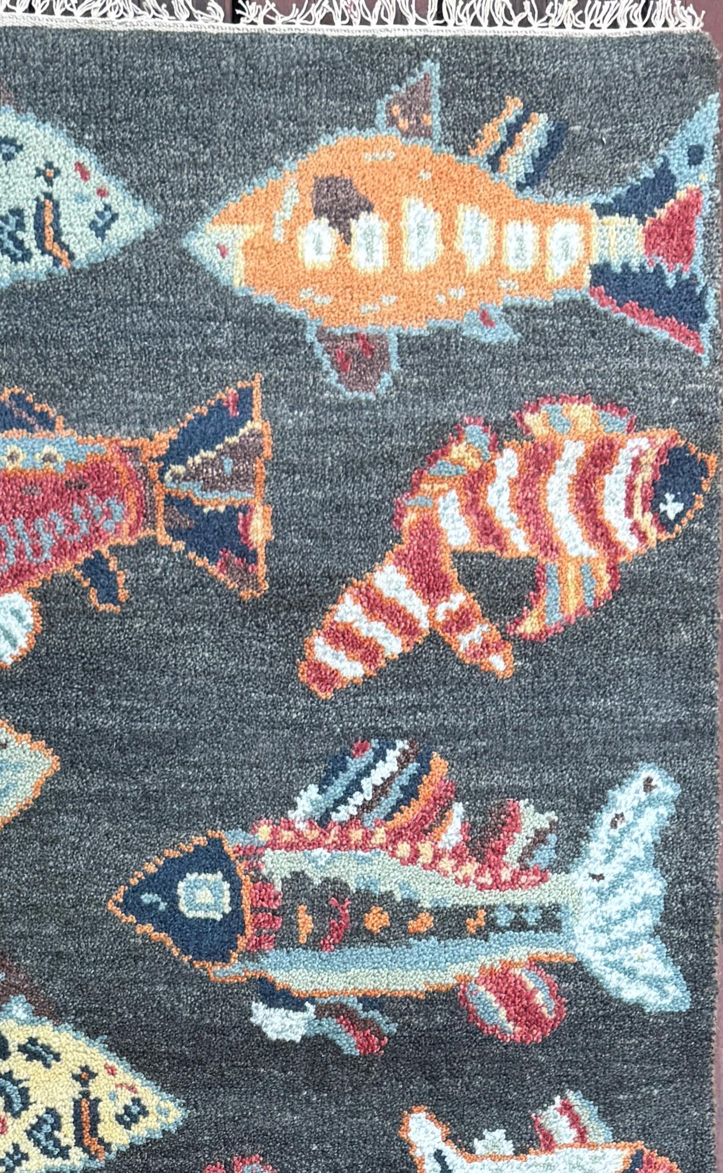 Modern Turkish Fish Design Rug 3x5.1, Hand Knotted Wool Sea Animal Pattern, Bohemian Accent