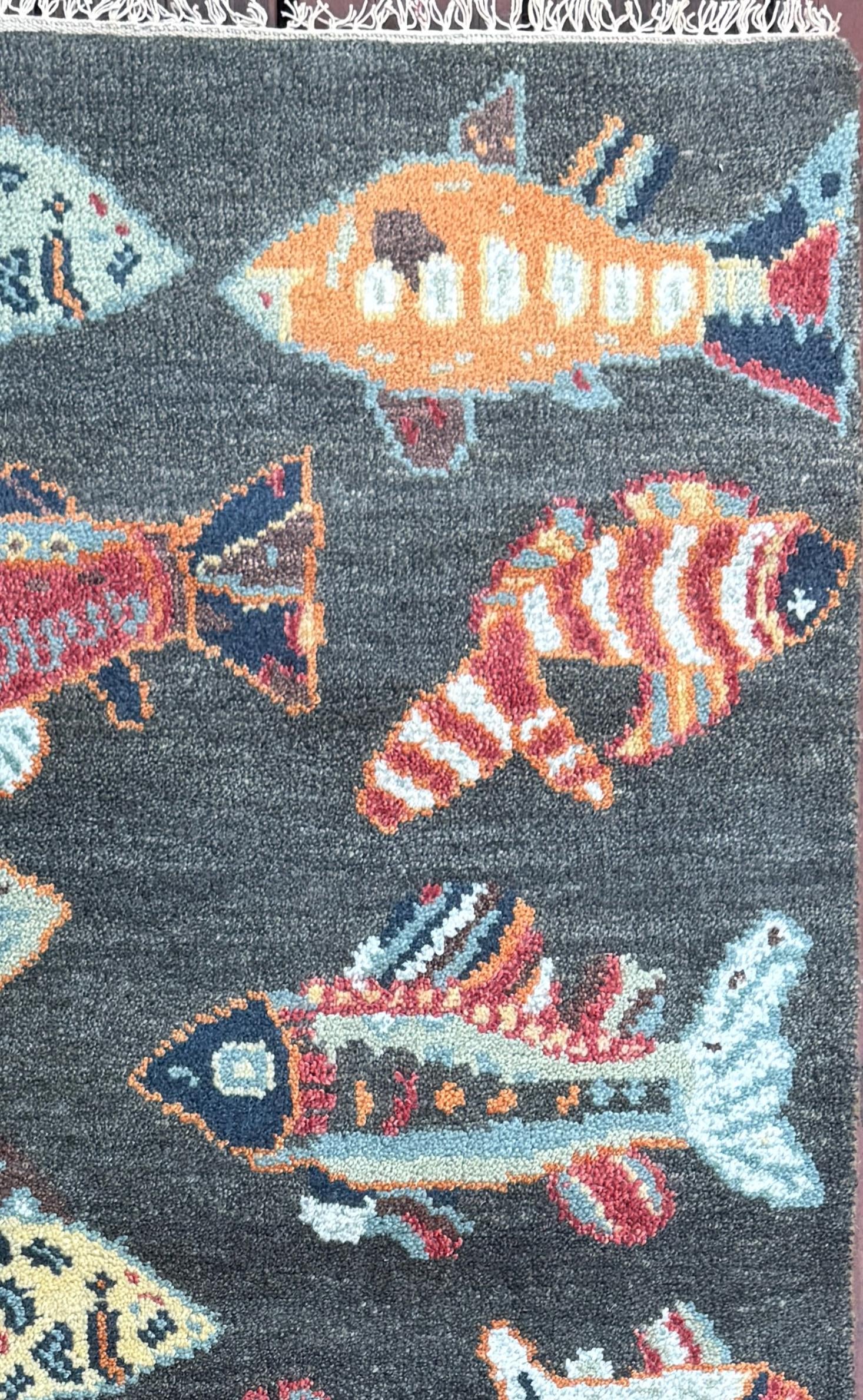 Modern Turkish Fish Design Rug 3x5.1, Hand Knotted Wool Sea Animal Pattern, Bohemian Accent