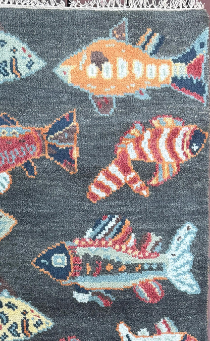 Modern Turkish Fish Design Rug 3x5.1, Hand Knotted Wool Sea Animal Pattern, Bohemian Accent