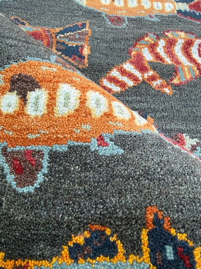 Modern Turkish Fish Design Rug 3x5.1, Hand Knotted Wool Sea Animal Pattern, Bohemian Accent