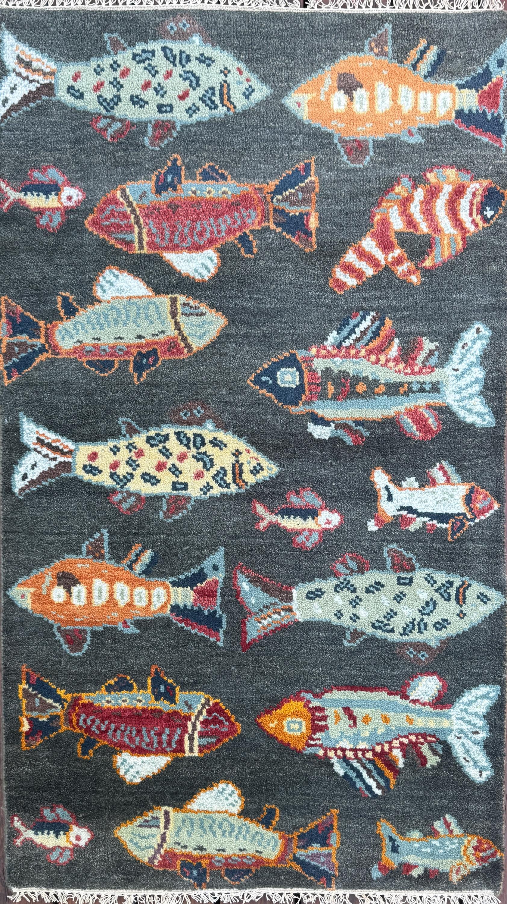 Modern Turkish Fish Design Rug 3x5.1, Hand Knotted Wool Sea Animal Pattern, Bohemian Accent