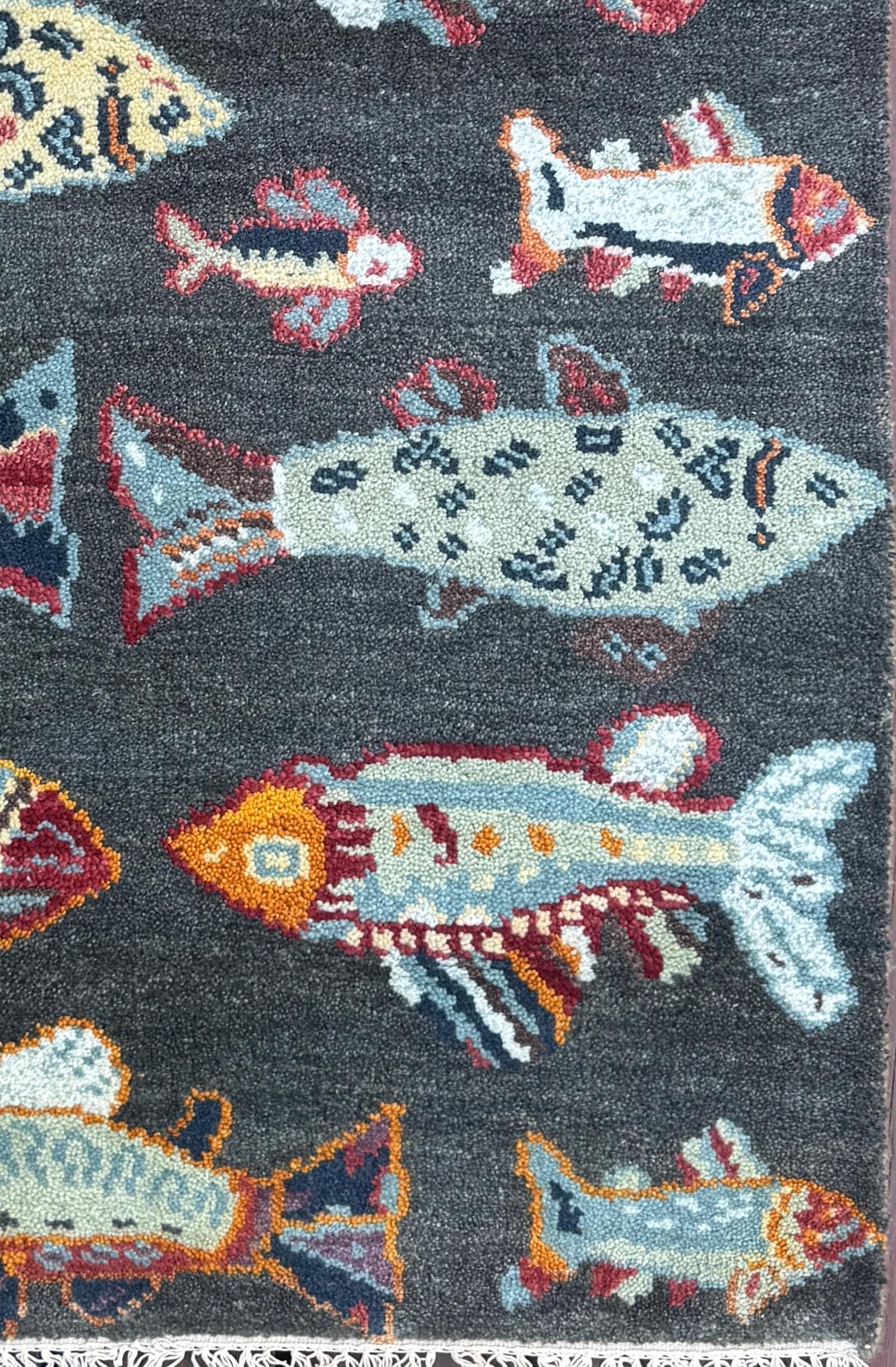 Modern Turkish Fish Design Rug 3x5.1, Hand Knotted Wool Sea Animal Pattern, Bohemian Accent