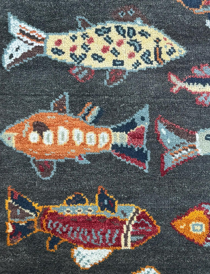 Modern Turkish Fish Design Rug 3x5.1, Hand Knotted Wool Sea Animal Pattern, Bohemian Accent