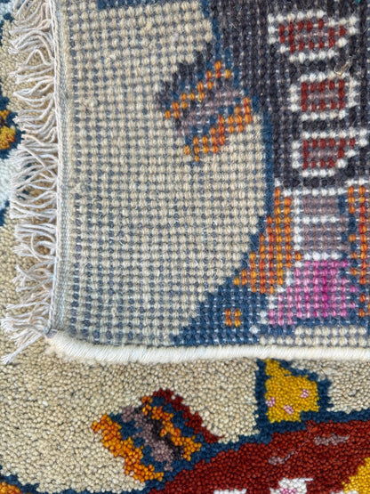 Turkish Fish Design Rug 2x3, Handmade Wool Bohemian Oushak Inspired Accent