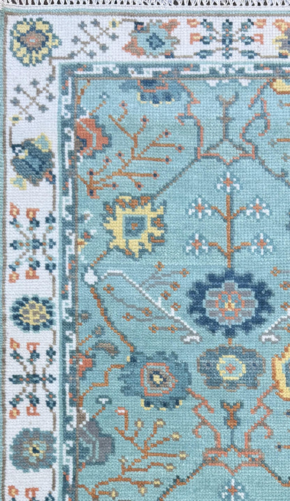Blue Turkish Oushak Style Rug 3x5, Handmade Wool Geometric Bohemian Accent