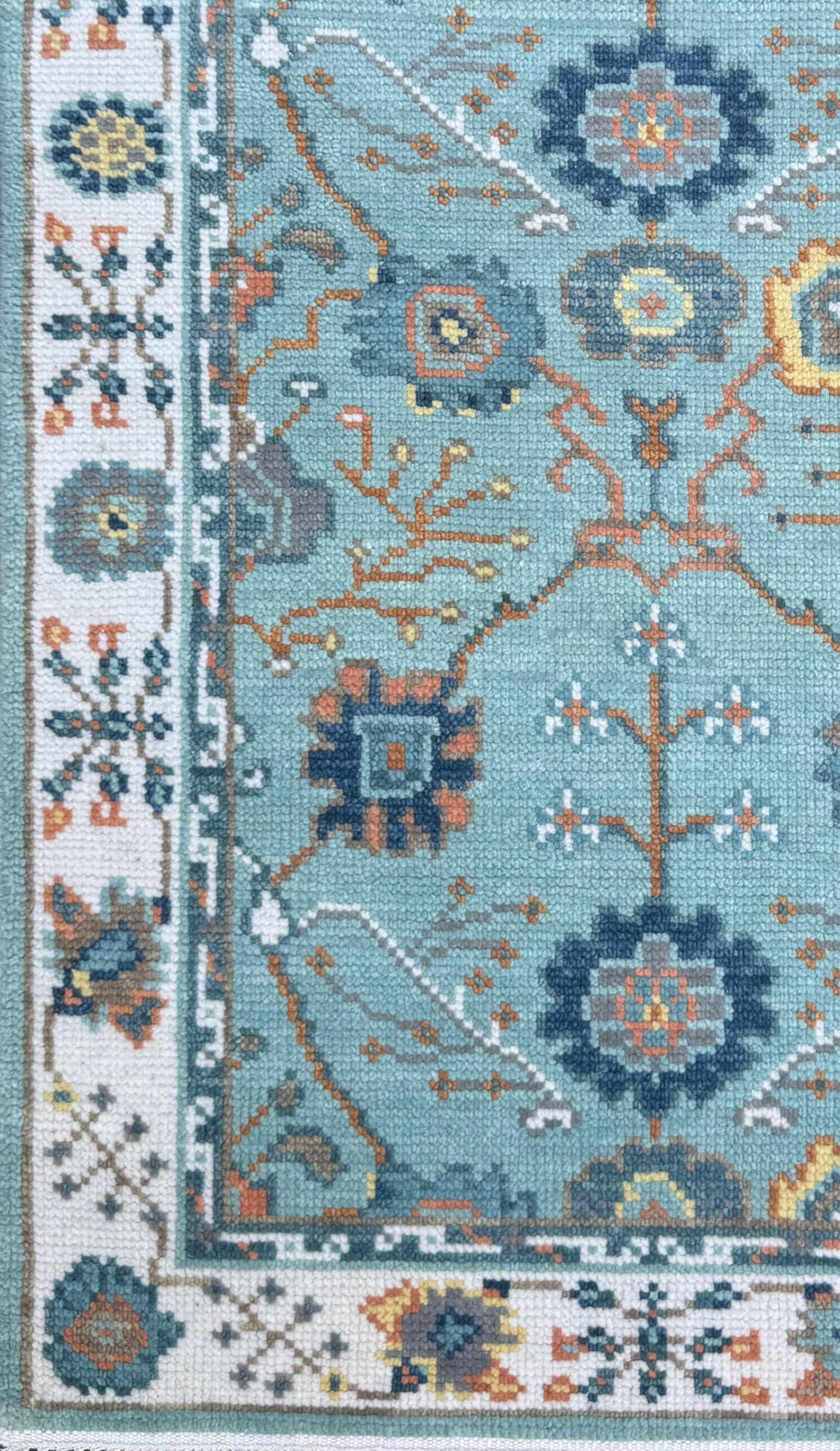 Blue Turkish Oushak Style Rug 3x5, Handmade Wool Geometric Bohemian Accent