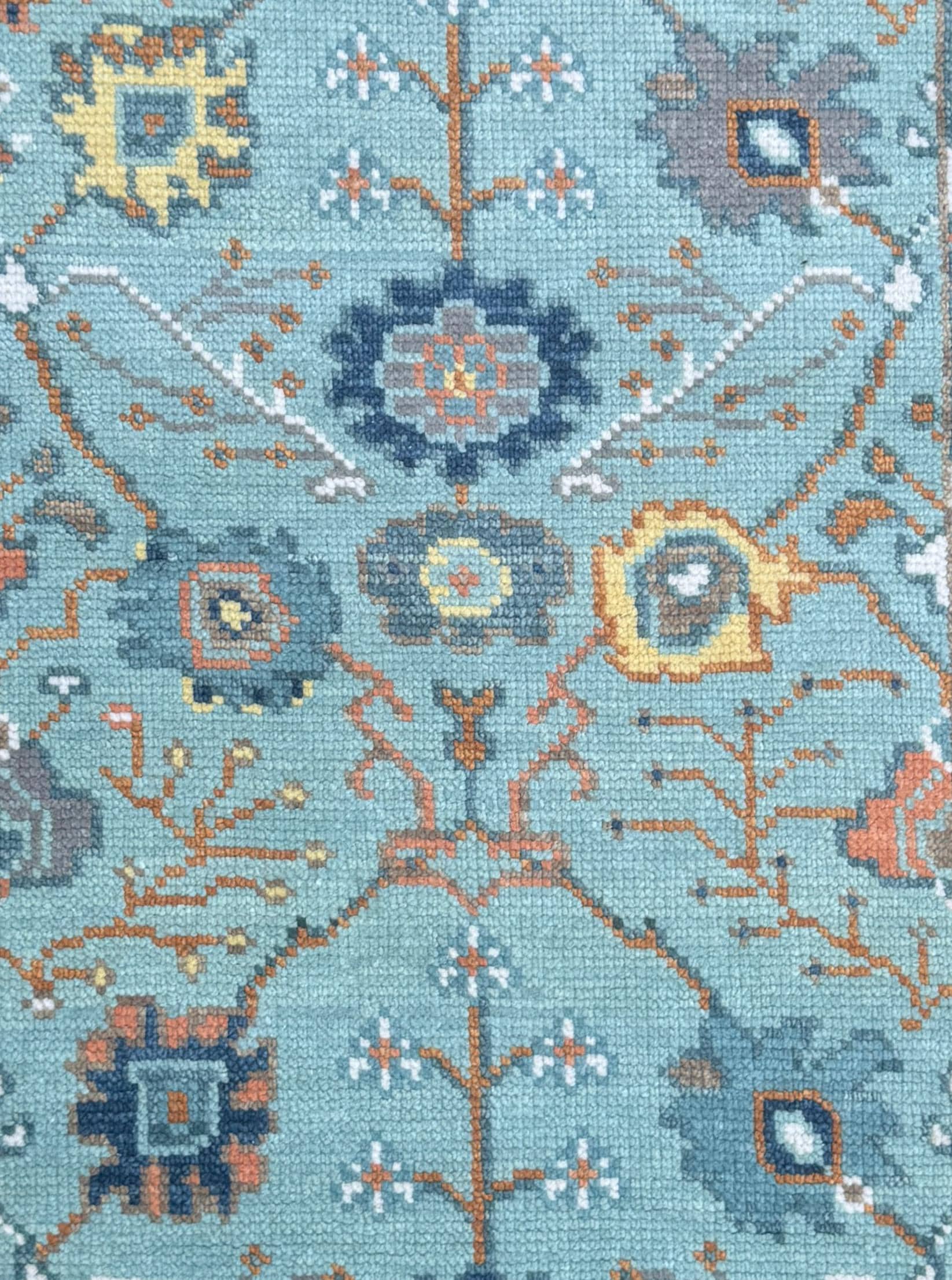 Blue Turkish Oushak Style Rug 3x5, Handmade Wool Geometric Bohemian Accent