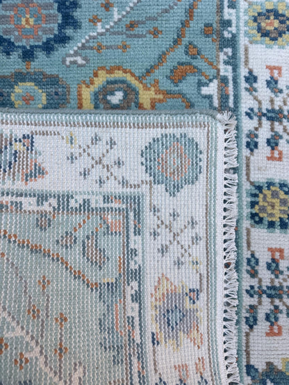 Blue Turkish Oushak Style Rug 3x5, Handmade Wool Geometric Bohemian Accent