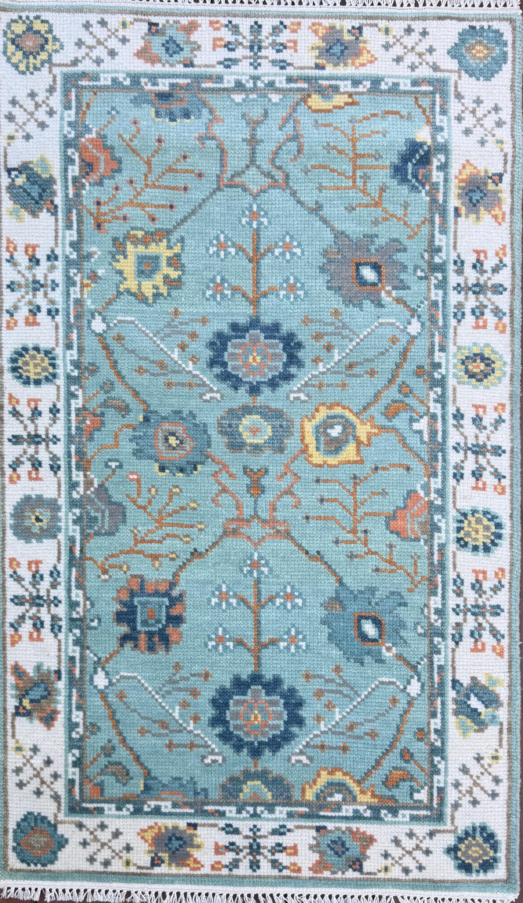 Blue Turkish Oushak Style Rug 3x5, Handmade Wool Geometric Bohemian Accent