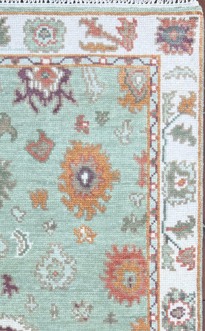Turkish Oushak Style Rug 3x5, Sage Green Wool Bohemian Accent, Handmade Geometric Design