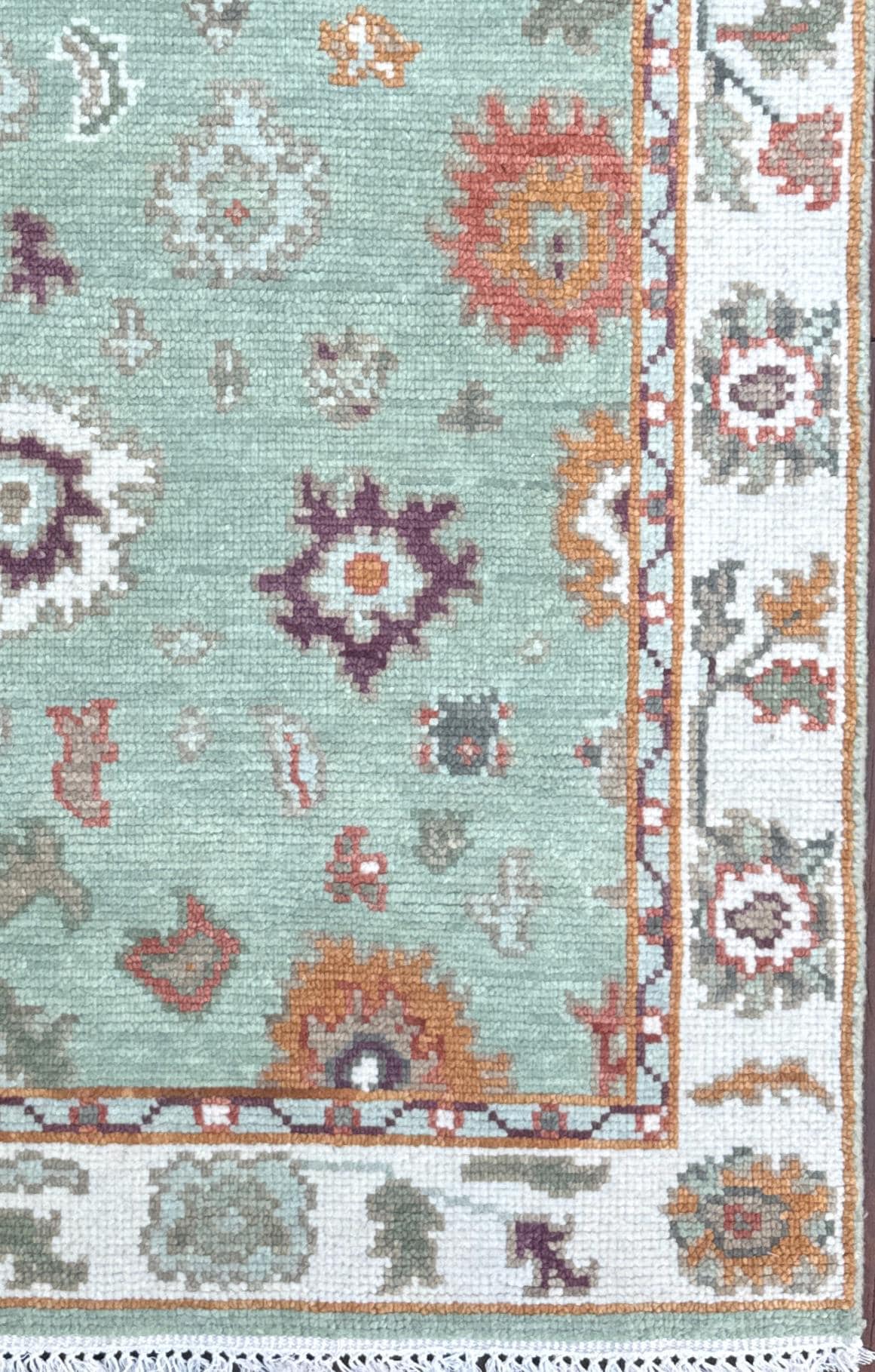 Turkish Oushak Style Rug 3x5, Sage Green Wool Bohemian Accent, Handmade Geometric Design