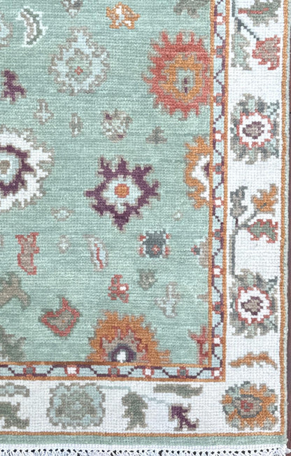 Turkish Oushak Style Rug 3x5, Sage Green Wool Bohemian Accent, Handmade Geometric Design