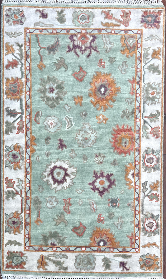 Turkish Oushak Style Rug 3x5, Sage Green Wool Bohemian Accent, Handmade Geometric Design