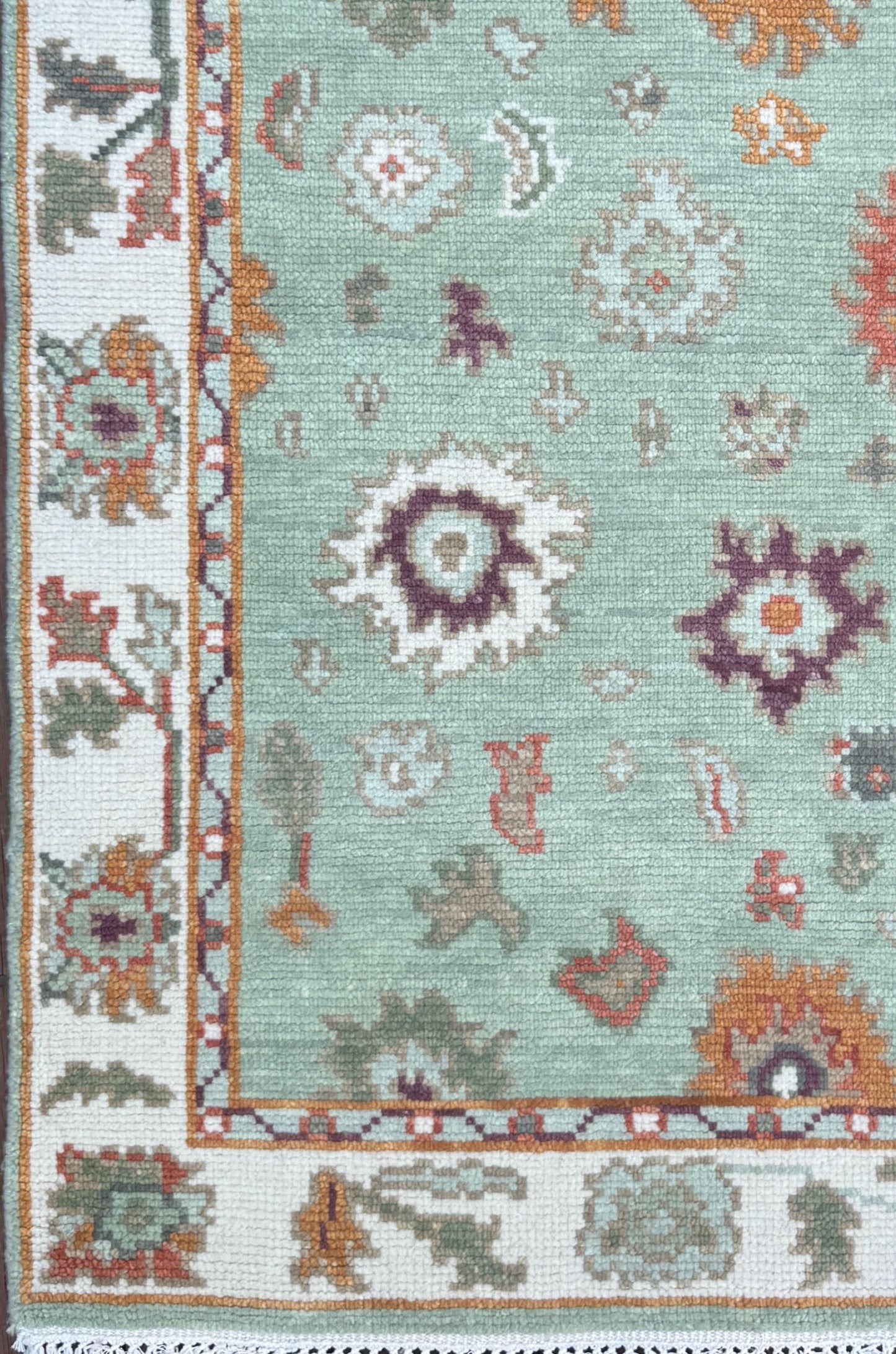 Turkish Oushak Style Rug 3x5, Sage Green Wool Bohemian Accent, Handmade Geometric Design
