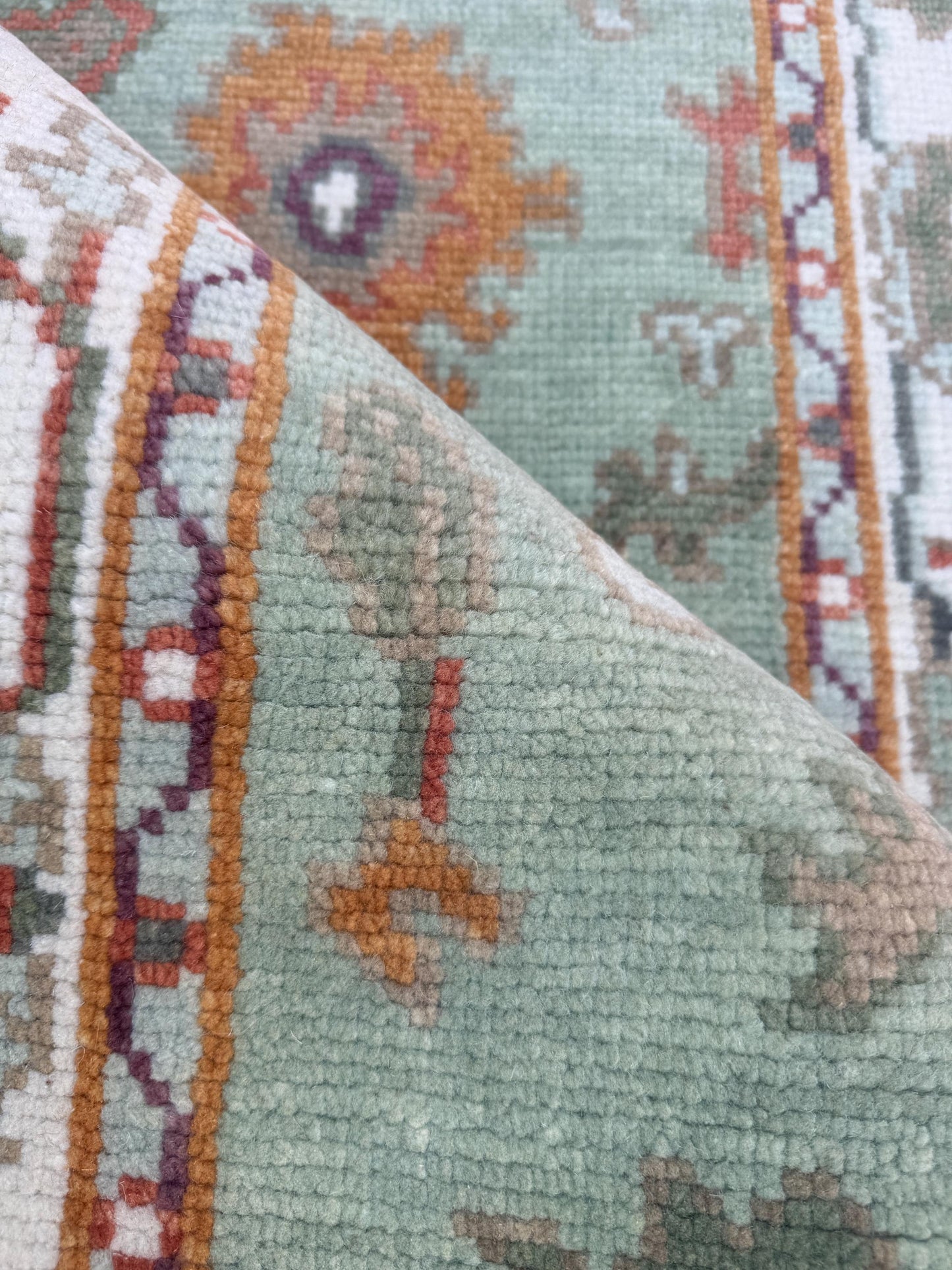 Turkish Oushak Style Rug 3x5, Sage Green Wool Bohemian Accent, Handmade Geometric Design