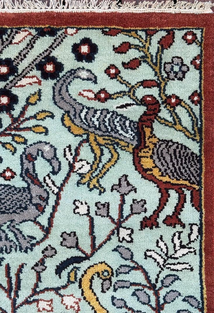 Turkish Oushak Style Runner 2.6x8.1, Tree of Life Bird Design, Handmade Wool Bohemian Accent Rug