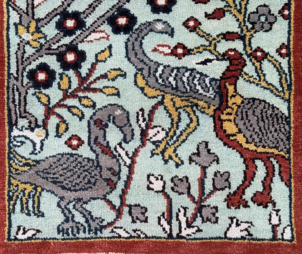 Turkish Oushak Style Runner 2.6x8.1, Tree of Life Bird Design, Handmade Wool Bohemian Accent Rug