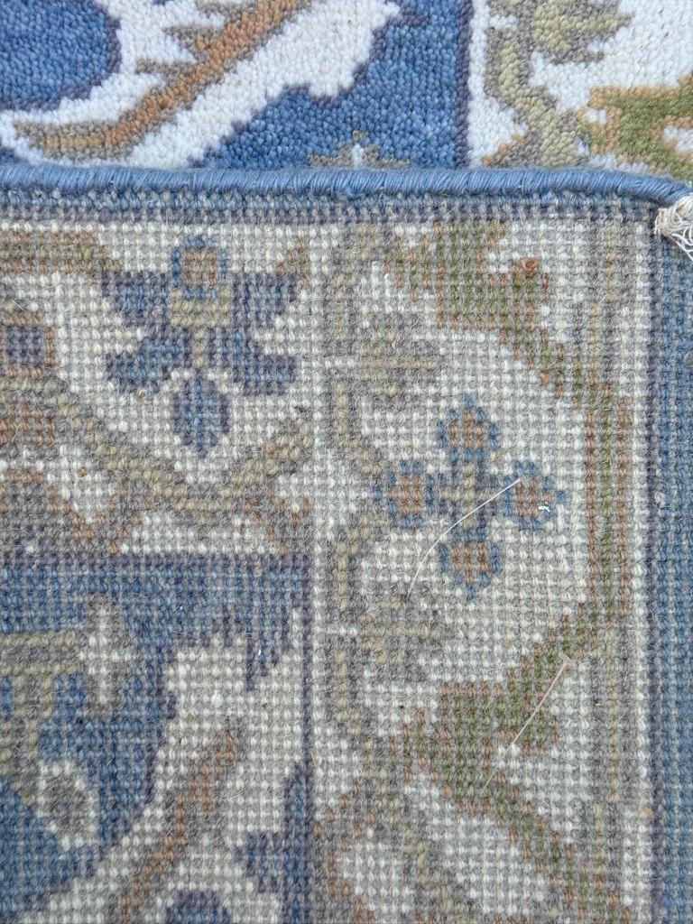 Turkish Oushak Style Runner 2.6x10, Blue Wool Bohemian Hallway Rug, Handmade Geometric Design