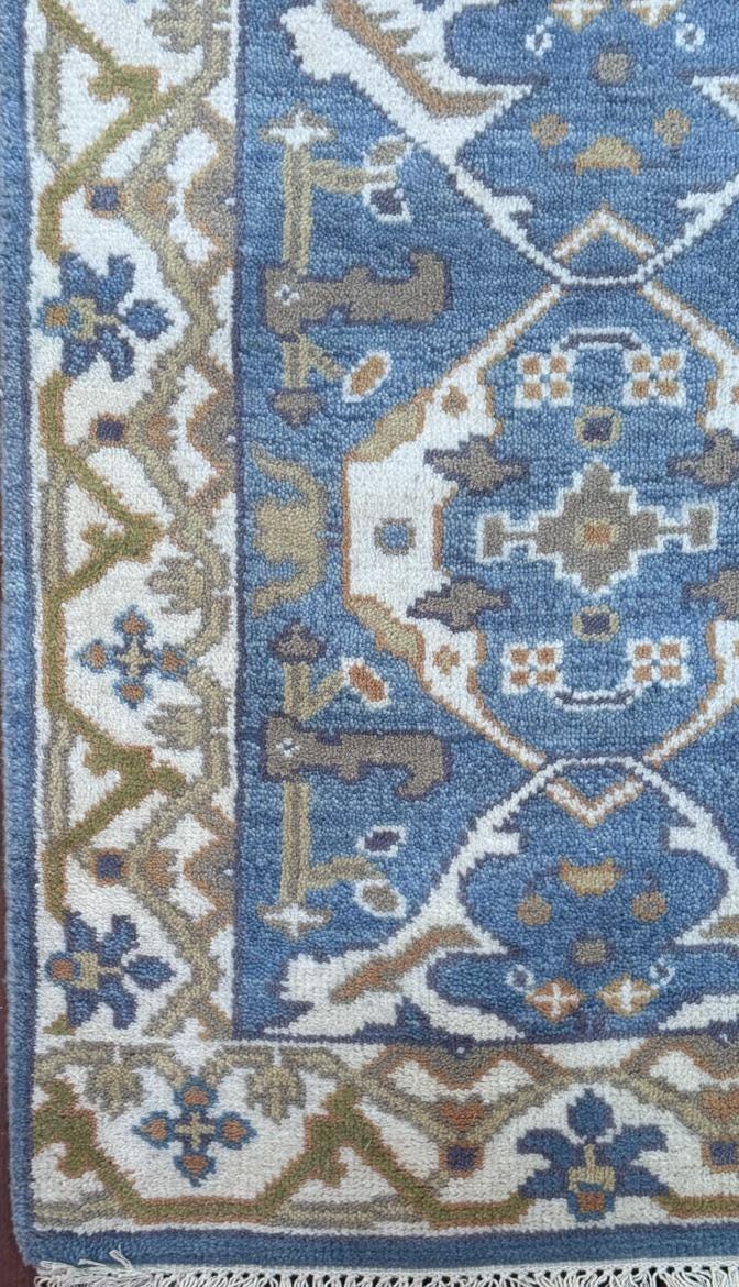 Turkish Oushak Style Runner 2.6x10, Blue Wool Bohemian Hallway Rug, Handmade Geometric Design