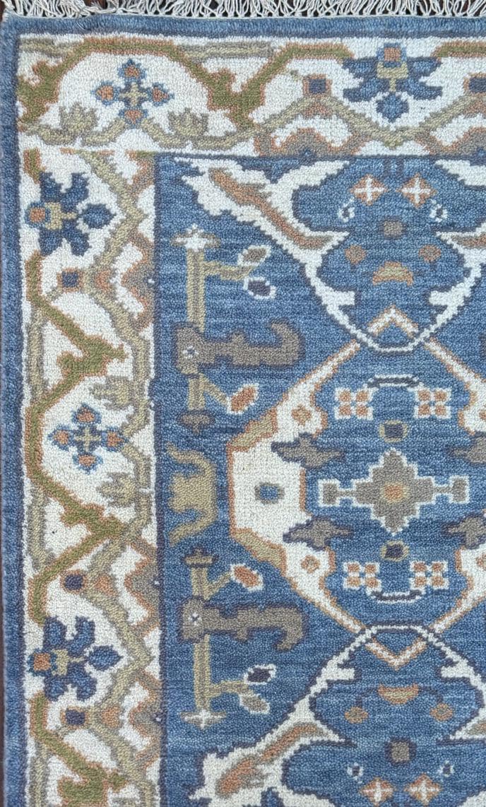 Turkish Oushak Style Runner 2.6x10, Blue Wool Bohemian Hallway Rug, Handmade Geometric Design